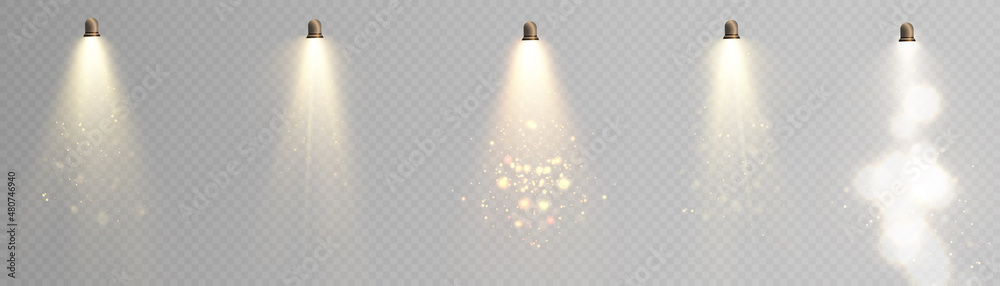 Poster stage light and gold glitter with the effect of golden rays, rays and sparkling dust falling on the 