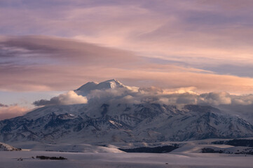 Fototapeta na wymiar top of mount elbrus at sunset