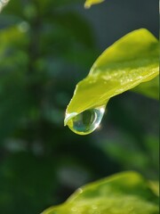 Morning dew is sparkling in the sunshine and about to fall from the juicy lush green leaf.