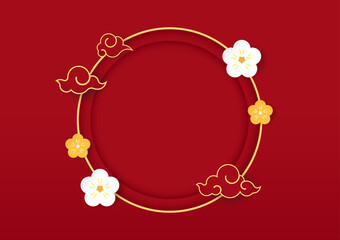 Happy Chinese new year 2022. Chinese new year banner with circle for show product. Greeting card. China frame with lantern on red background.