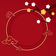 Happy Chinese new year 2022. Chinese new year banner with circle for show product. Greeting card. China frame with lantern on red background.