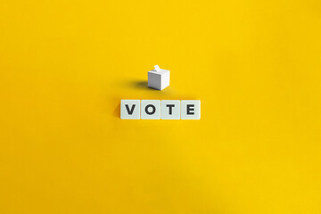 Voting Ballot Icon and Vote Word on Letter Tiles against Yellow Background.
