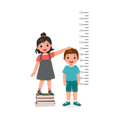 cute little girl standing on stack of books measuring height of little boy growth with measurement ruler on the background of wall - obrazy, fototapety, plakaty