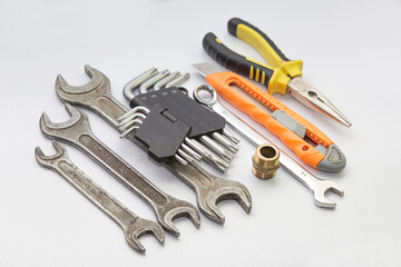 set of hand tools for repair, on a white background