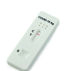 Rapid Covid 19 coronavirus strip test cassette isolated on a white background