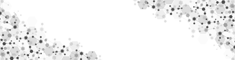 Technology background frame. Design of hexagons, cells connected by lines. Digital network. A plexus of molecules. Chemical science. Banner for social networks, websites, medicine. Vector illustration