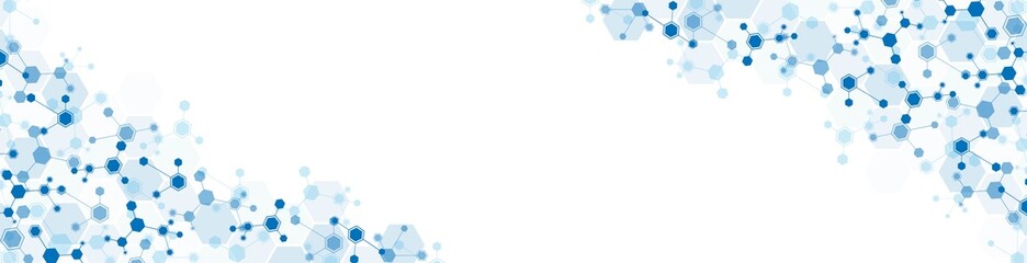 Technology background frame. Design of hexagons, cells connected by lines. Digital network. A plexus of molecules. Chemical science. Banner for social networks, websites, medicine. Vector illustration