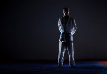 Obraz premium The karate guy in white kimono and black belt training karate