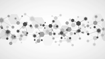 Abstract monochrome background technology. Design of hexagons, honeycombs connected by lines. Mobile network. Plexus of molecules. Chemical science. Banner social networks, websites, medicine. Vector