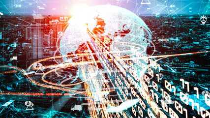 Smart transportation in tacit futuristic city with online traffic control system . Concept of smart digital transformation and technology disruption that changes global trends in new information era .