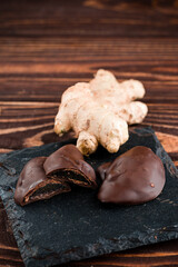 Candied Ginger In Dark Chocolate close up