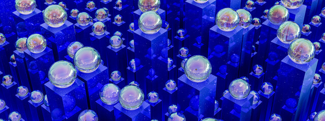 Futuristic metalic balls and platforms background ,3D render. 3d illustration.