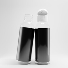 two plastic bottles with a blank label and white cap a front view 3d render