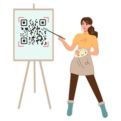 Cute girl artist draws a QR code on an easel. Young woman holding a brush and palette. Work and study at home. The concept of the fight against covid. Vector flat cartoon isolated illustration.