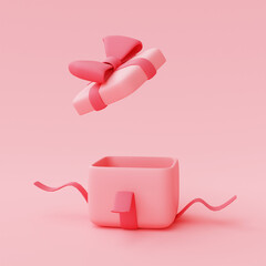 3d render of open pink gift box with ribbons isolated on pastel background,valentine's day sale concept,minimal style.