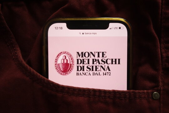 KONSKIE, POLAND - January 15, 2022: Banca Monte dei Paschi di Siena Spa logo on mobile phone hidden in jeans pocket