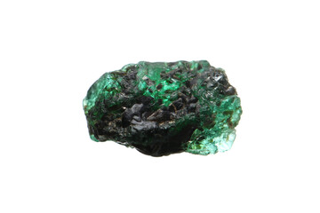 Closeup natural rough emerald (green beryl) gemstone on biotite matrix