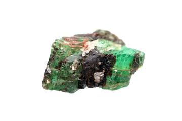 Natural rough emerald (green beryl) gemstone on white background