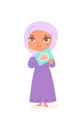 Kid studying human body in anatomy lesson, muslim girl in hijab holding card with hand