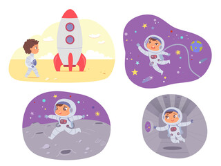 Kids astronaut, rocket and space adventure in universe set, spaceman in spacesuit costume