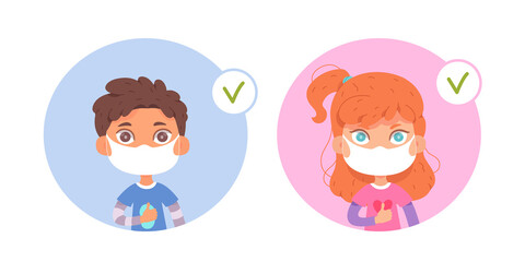 Kids wear medical face mask in correct way, instructions for boy and girl protect health