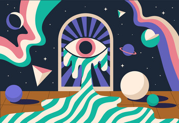 Fototapeta premium Abstract Space Psychedelic Style Background, Geometric Shapes, Vintage Colors.