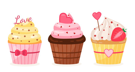 Set of beautiful celebratory cupcakes. Little delicious cupcakes and muffins. Vector illustration design