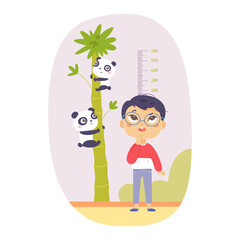 Boy measuring height, kid with glasses standing near tall tree with funny pandas