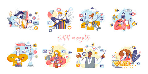 Smm managers work with creative content and loyalty audience set, multitasking people