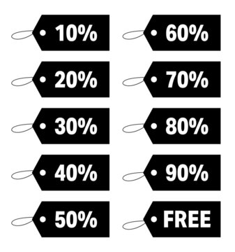Black pricetags isolated on a white background. Special offers and discount tags with different percentages / Sorte prisskilte isoleret p&aring; en hvid baggrund. Procent prism&aelig;rker, Vector