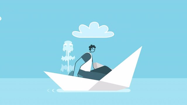 Cartoon man sailing on a sinking paper boat and scoop out water. Flat Design 2d Character Loop Animation with Alpha channel
