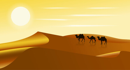 Camel silhouette landscape nature sunset sunrise illustration vector. Caravan