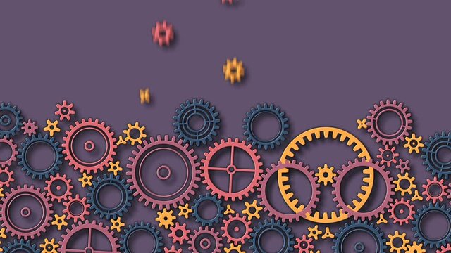 Farbige Zahnr&auml;der (Getriebe) fliegen ins Bild, greifen ineinander und mit dem letzten Zahnrad beginnt sich das fl&auml;chenf&uuml;llende Getriebe zu drehen. Animation.