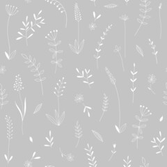 Line art style meadow plants vector seamless pattern. Boho neutral floral background. Doodle herbs design for nursery and baby textile.
