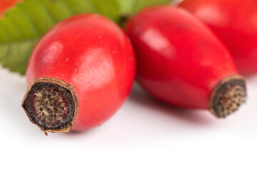 Rosehip isolated on a white background. Fresh raw briar berries with leaves.