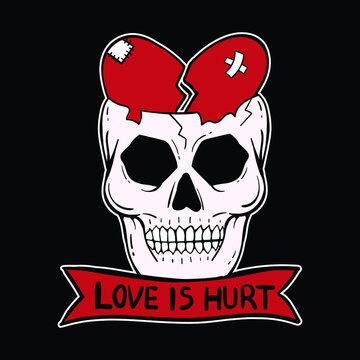 hand drawn skull heart with words love is hurt, premium vector