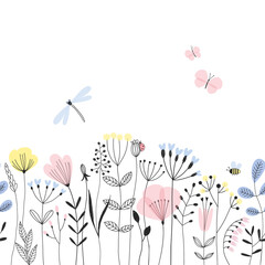 Doodle summer meadow plants and insects vector seamless boarder pattern. Line art style blossom background. Floral field surface design for nursery. © AngellozOlga