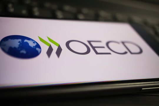 Viersen, Germany - January 9. 2022: Closeup of mobile phone with logo lettering of oecd on computer keyboard