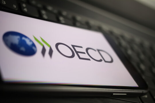 Viersen, Germany - January 9. 2022: Closeup of mobile phone with logo lettering of oecd on computer keyboard
