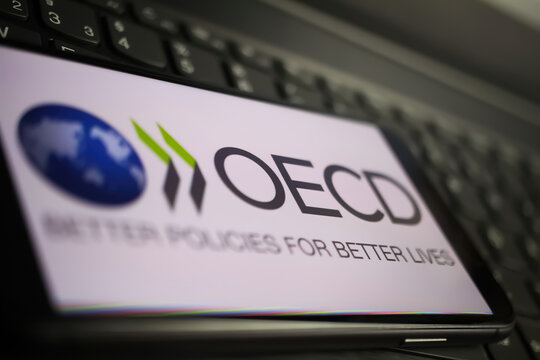 Viersen, Germany - January 9. 2022: Closeup of mobile phone with logo lettering of oecd on computer keyboard