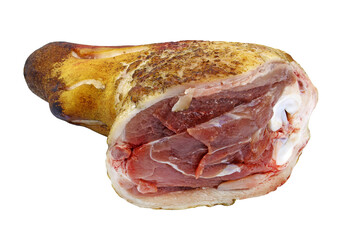 Pork shank on a white background. Raw pork shank with smoked skin for cooking. Fresh pork meat close-up.