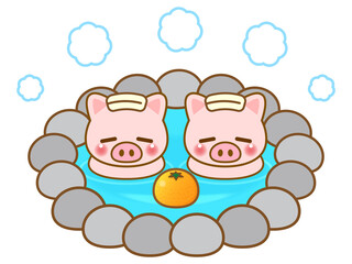 温泉に入るブタのイラスト＿ベクター2