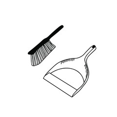 Doodle vector hand drawn dustpan scoop and brush for cleaning.  Sweep up, housekeeping utensil, garbage, washing floor, cleaning service, tidy. Design element isolated for typography and digital use.