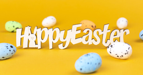 Happy easter greetings with decorated eggs, banner. Celebration background with text. Spring holiday concept photo