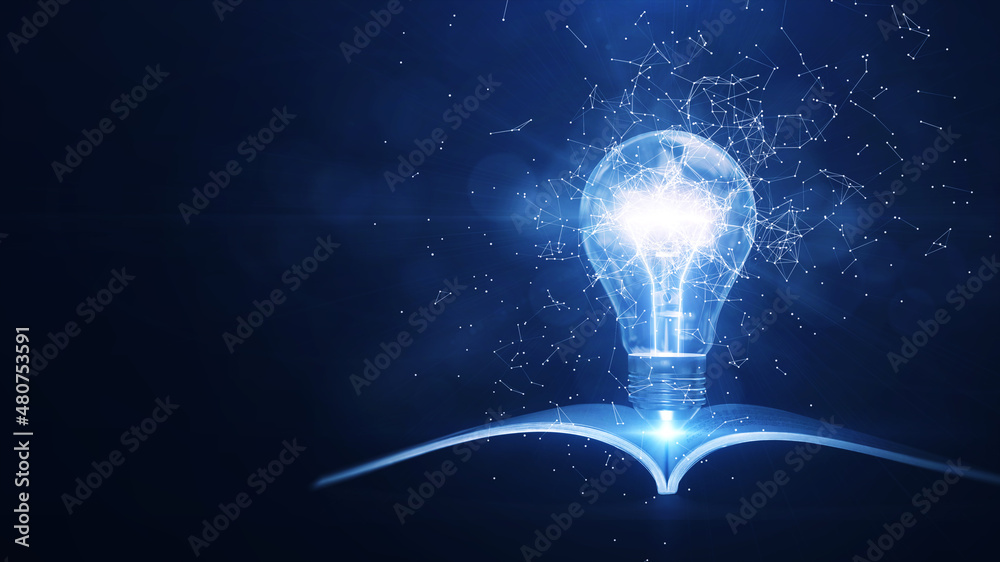 Aufkleber Learning from books or textbooks and the Internet brings new ideas. polygons connected around A glowing light bulb with a book on the bottom stands out on the right. dark blue background. 3D rendering