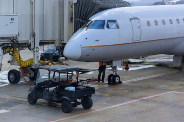 Luggage many suitcases when loaded an airplane