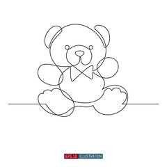 Continuous line drawing of Toy bear. Cute bear doll.  Template for your design works. Vector illustration.