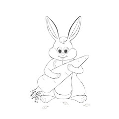 A linear drawing Easter bunny holding a large carrot, illustration.