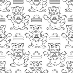 Libra zodiac sign in the form of cute cat seamless pattern. Line art on white background. Vector illustration