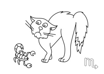 Scorpio zodiac sign in the form of cute cat. Line art isolated on white background. Vector illustration